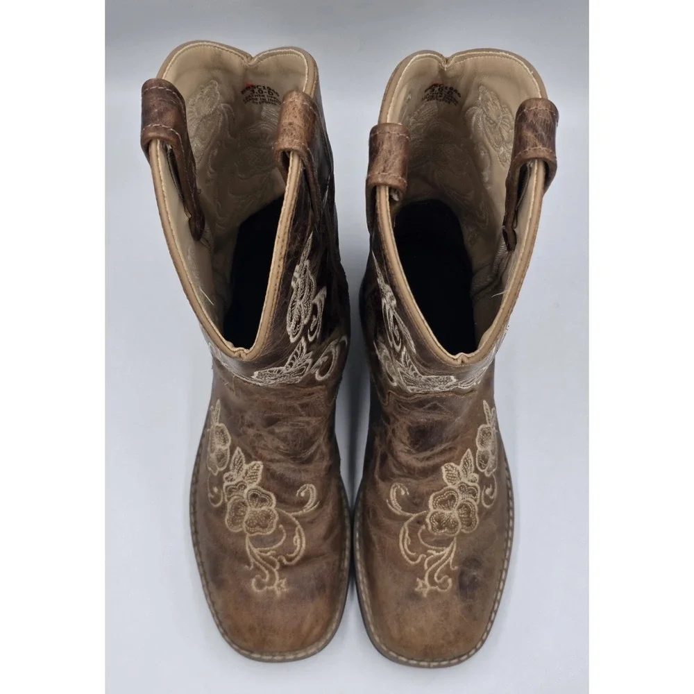 Shyanne Girls Brown Distressed Leather Floral Embroidered Cowboy Boots Size 3 D